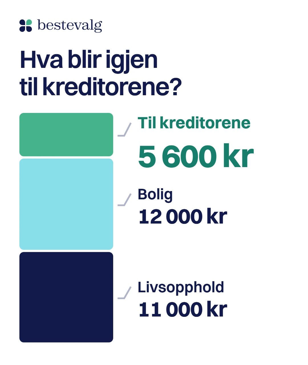 En søyle som deler inntekten til en enslig i livsopphold på 11 000 kr, bolig på 12 000 kr og 5 600 kr i måneden til kreditorene
