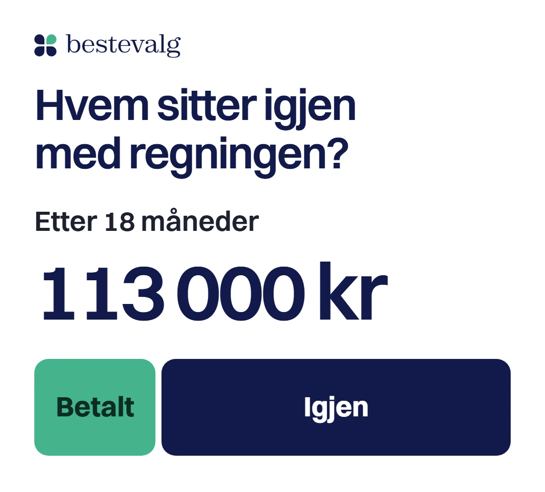 Etter 18 måneder står omtrent 113 000 kroner igjen av lånet: en liten del er betalt, resten er igjen